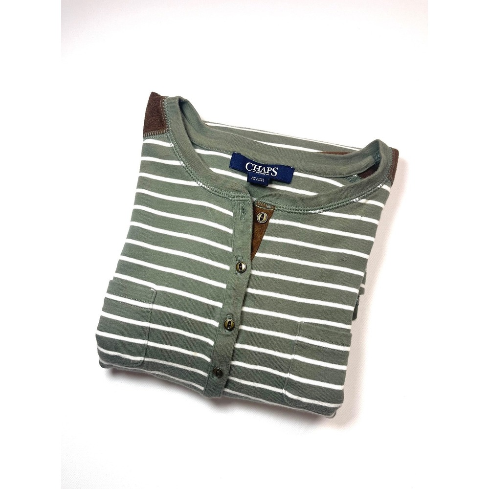 Chaps Denim Womens Large Olive Green Striped Henley Long Sleeve Suede Trim Top